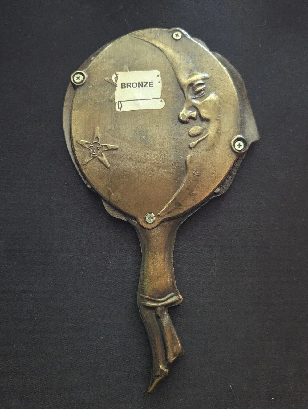 Vintage Art Nouveau Bronze Pierrot Clown Hand Mirror